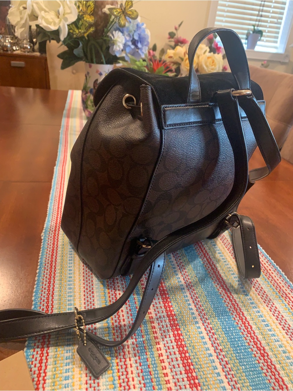 Coach Brown Signature Canvas and Black Leather Backpack with Gold Hardware - Picture 2 of 13